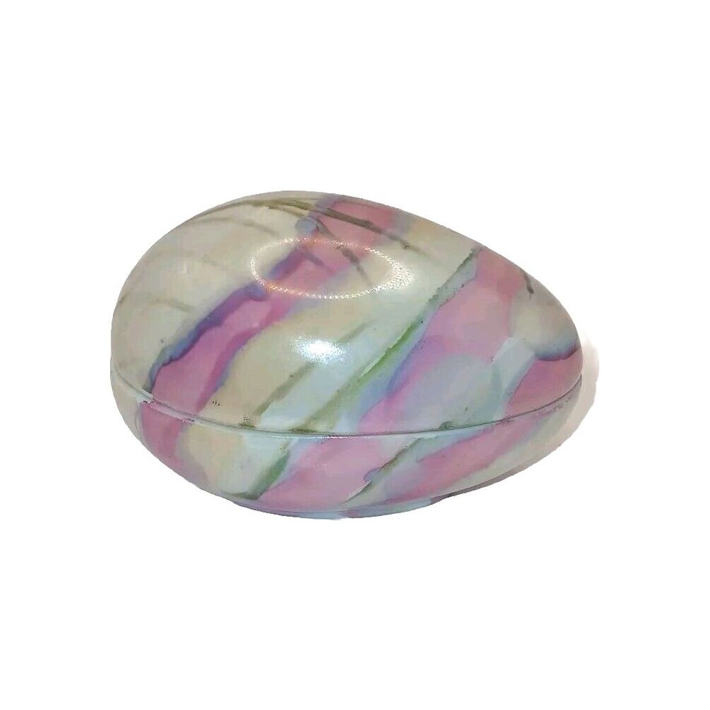 Cluj Nap Romania Porcelain Trinket Box Tie Dye Egg Pink Gray Beige 2 in Tall